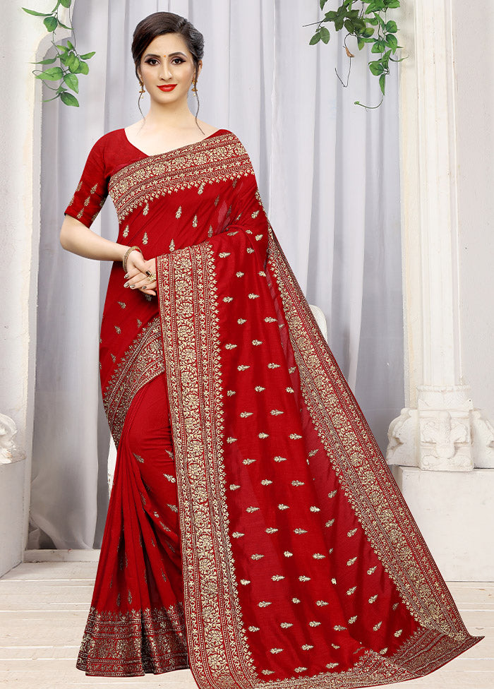 Red Dupion Silk Saree With Blouse Piece