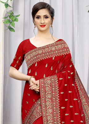 Red Dupion Silk Saree With Blouse Piece