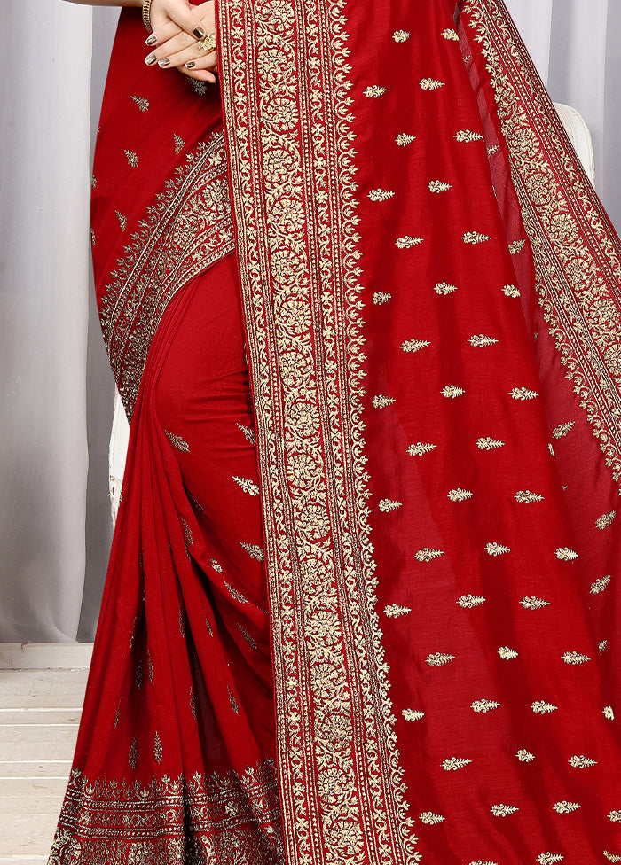 Red Dupion Silk Saree With Blouse Piece