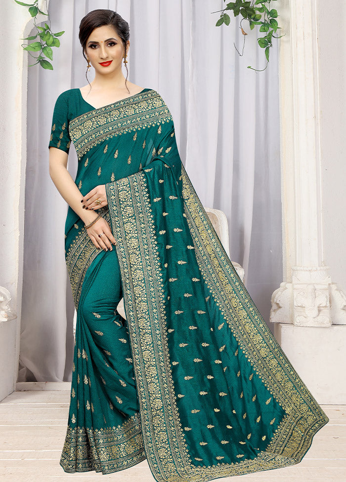 Turquoise Blue Dupion Silk Saree With Blouse Piece