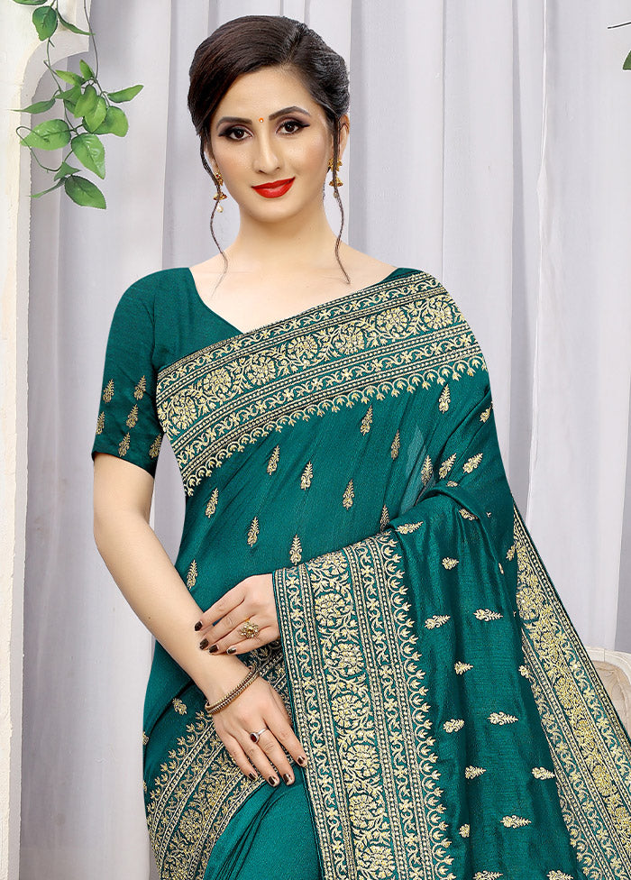 Turquoise Blue Dupion Silk Saree With Blouse Piece