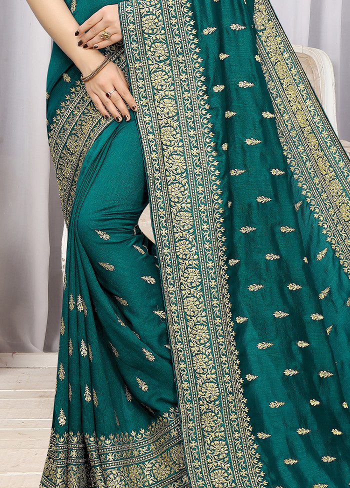 Turquoise Blue Dupion Silk Saree With Blouse Piece