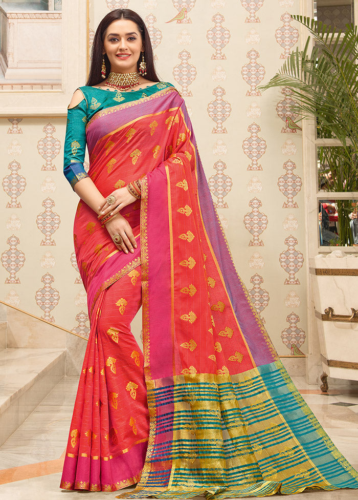 Dark Pink Cotton Saree With Blouse Piece