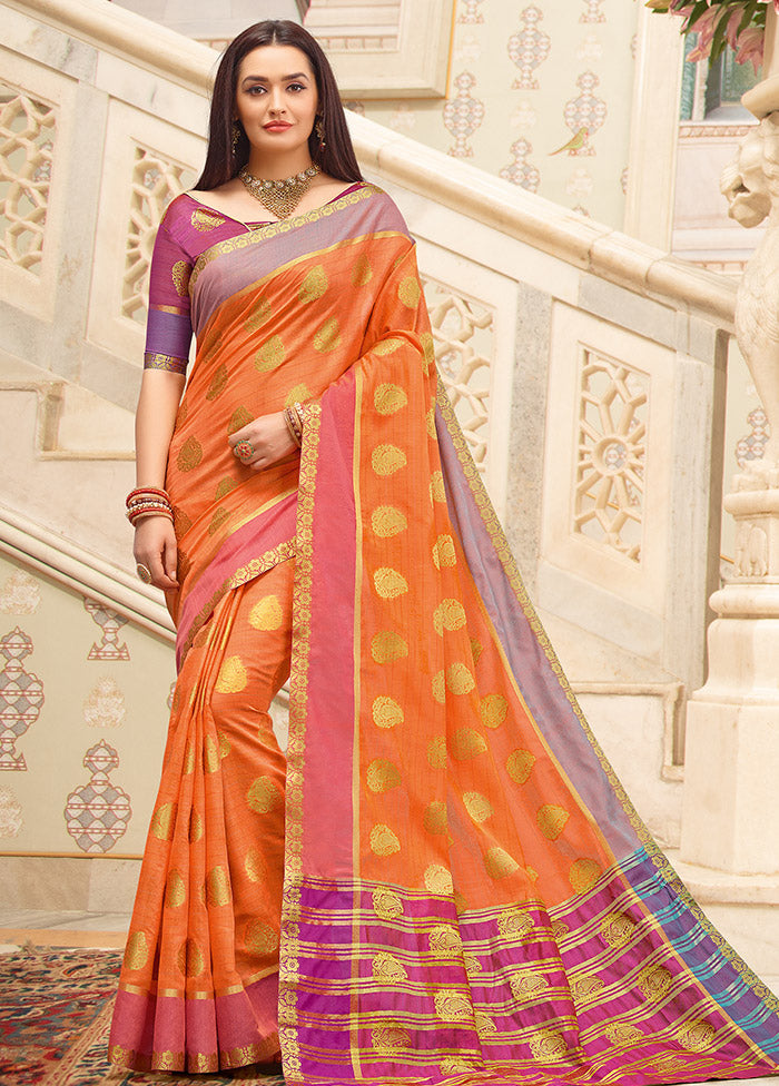 Orange Cotton Saree With Blouse Piece