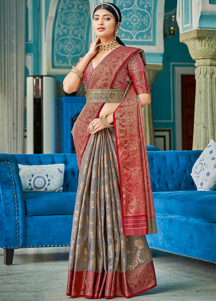 Grey Spun Silk Saree With Blouse Piece