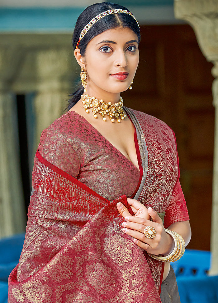 Grey Spun Silk Saree With Blouse Piece