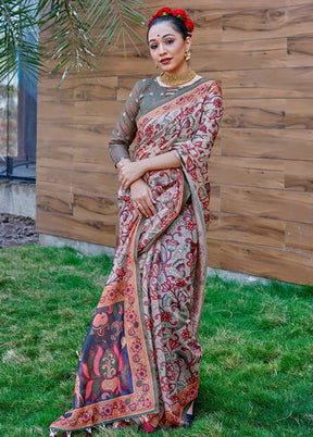 Grey Printed Cotton Saree With Blouse