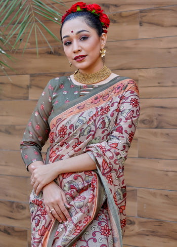 Grey Printed Cotton Saree With Blouse