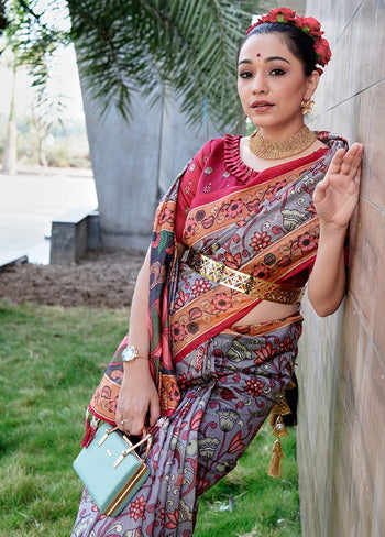 Grey Printed Cotton Saree With Blouse