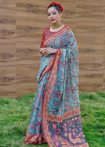 Sky Blue Printed Cotton Saree With Blouse