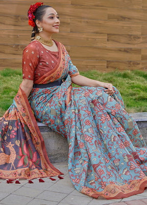 Sky Blue Printed Cotton Saree With Blouse