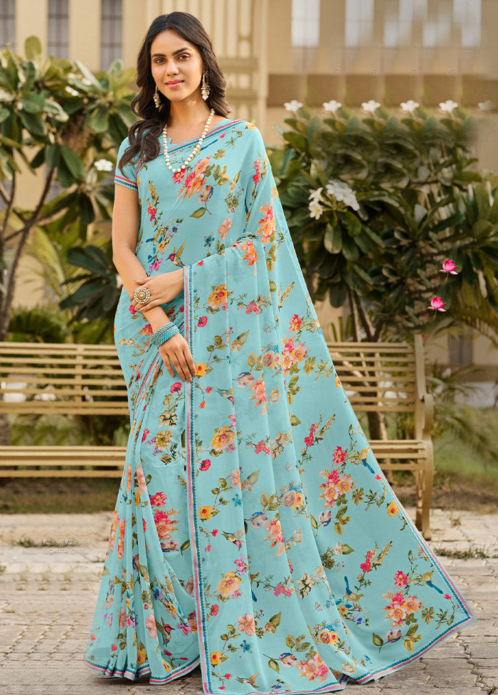 Sky Blue Georgette Saree With Blouse Piece