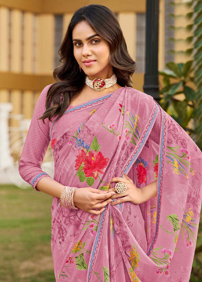 Pink Georgette Saree With Blouse Piece