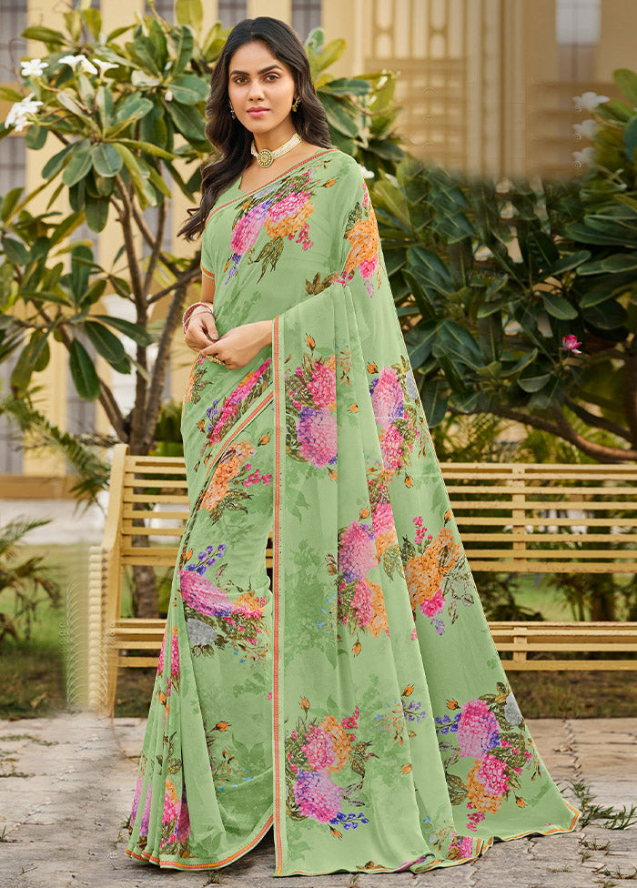 Pista Green Georgette Saree With Blouse Piece