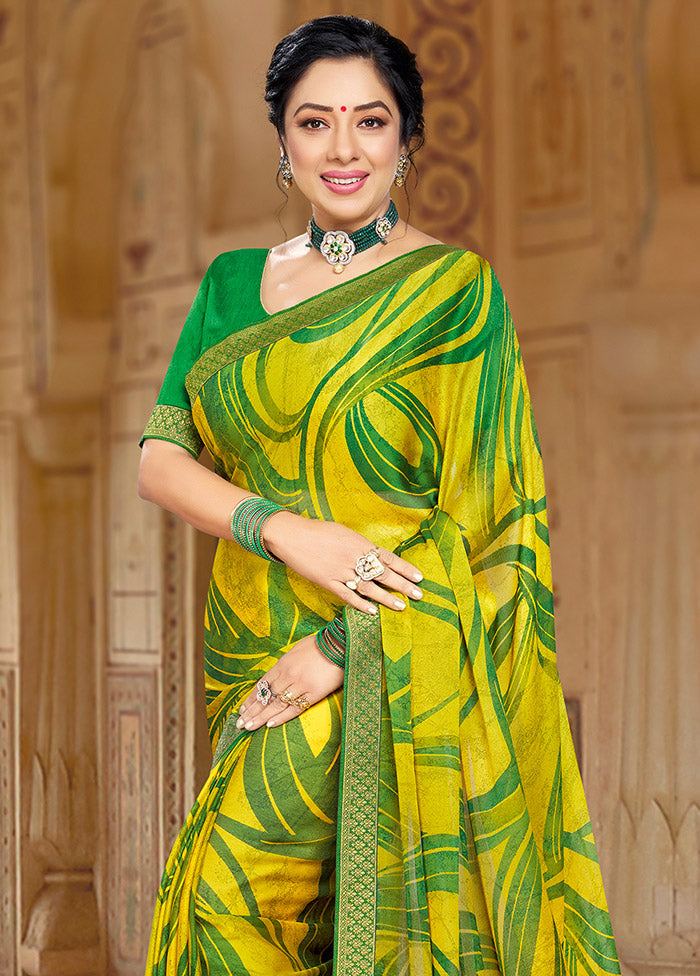Yellow Georgette Printed Saree With Blouse