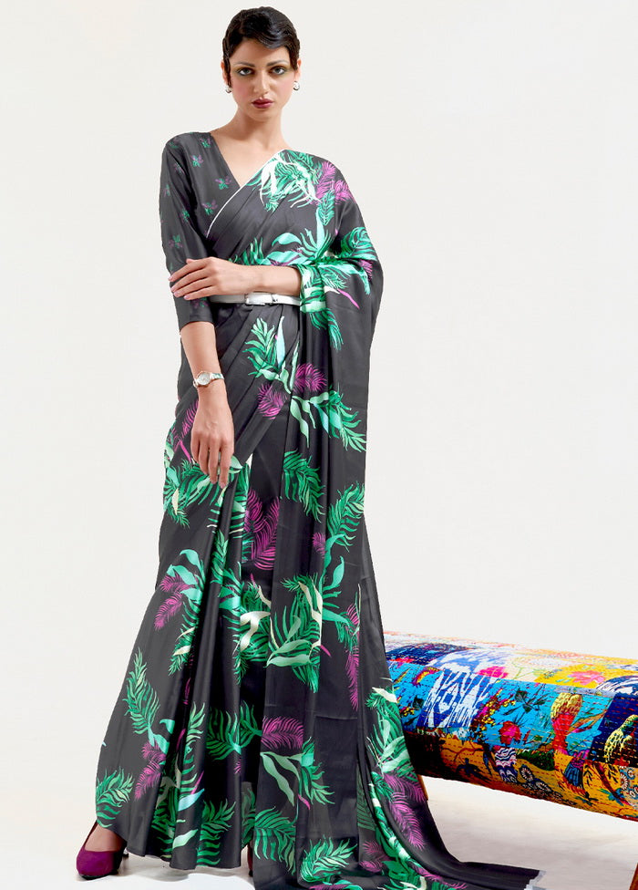 Black Satin Silk Saree With Blouse