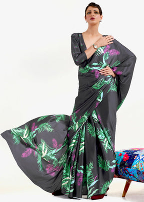 Black Satin Silk Saree With Blouse