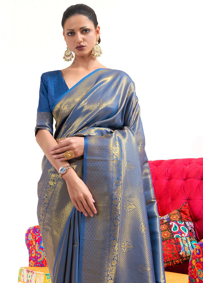 Blue Handloom Silk Saree With Blouse