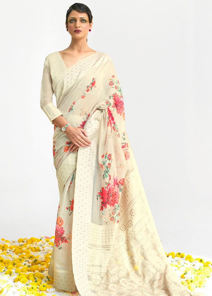 Beige Printed Linen Silk Saree With Blouse