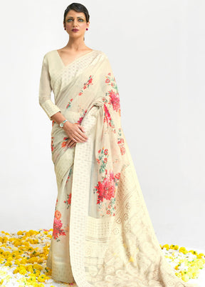 Beige Printed Linen Silk Saree With Blouse