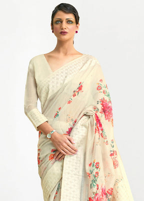 Beige Printed Linen Silk Saree With Blouse