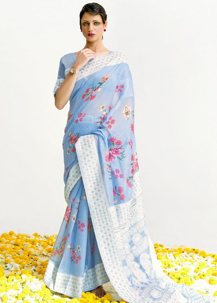 Blue Printed Linen Silk Saree With Blouse