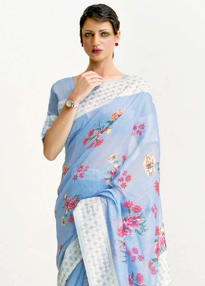 Blue Printed Linen Silk Saree With Blouse