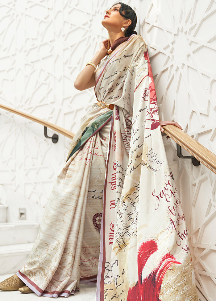 Beige Crepe Woven Silk Saree With Blouse