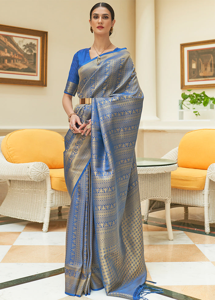 Blue Silk Zari Woven Saree With Blouse