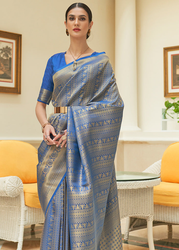 Blue Silk Zari Woven Saree With Blouse