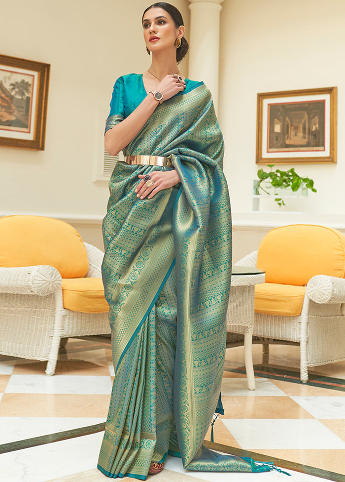 Blue Silk Zari Woven Saree With Blouse