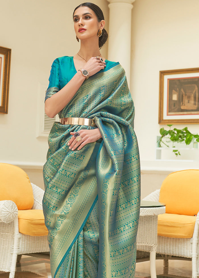 Blue Silk Zari Woven Saree With Blouse