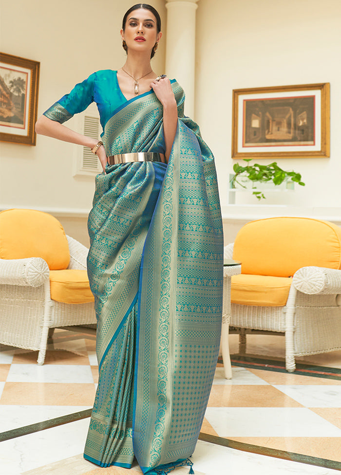 Blue Silk Zari Woven Saree With Blouse