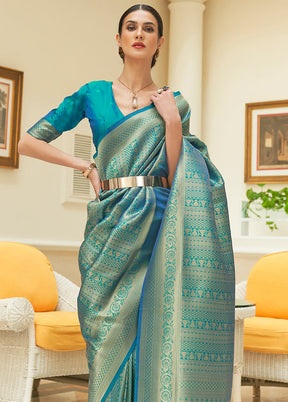 Blue Silk Zari Woven Saree With Blouse