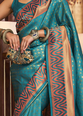 Rama Spun Silk Woven Work Saree With Blouse