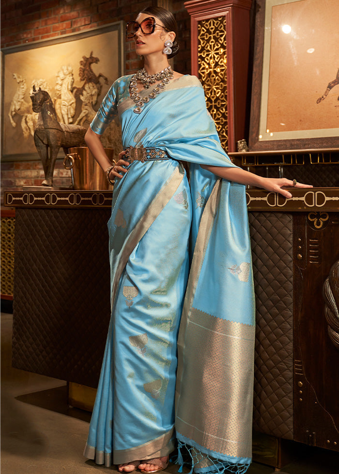 Blue Spun Silk Saree With Blouse Piece