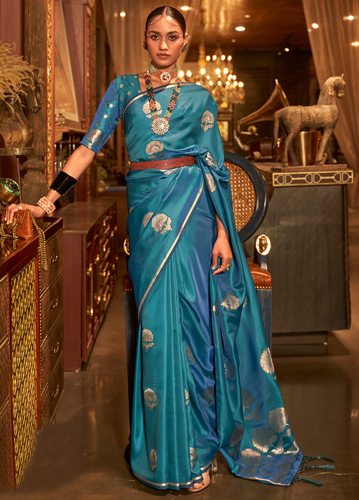 Rama Spun Silk Woven Work Saree With Blouse