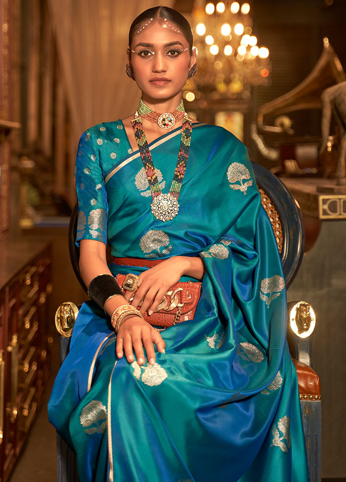 Rama Spun Silk Woven Work Saree With Blouse