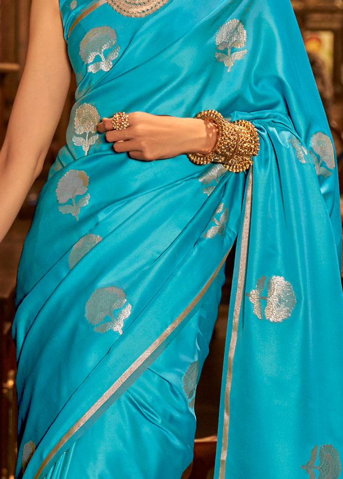 Turquoise Spun Silk Woven Work Saree With Blouse