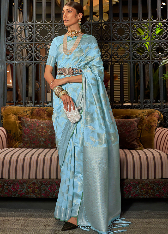 Blue Spun Silk Saree With Blouse Piece