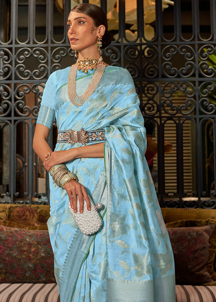 Blue Spun Silk Saree With Blouse Piece