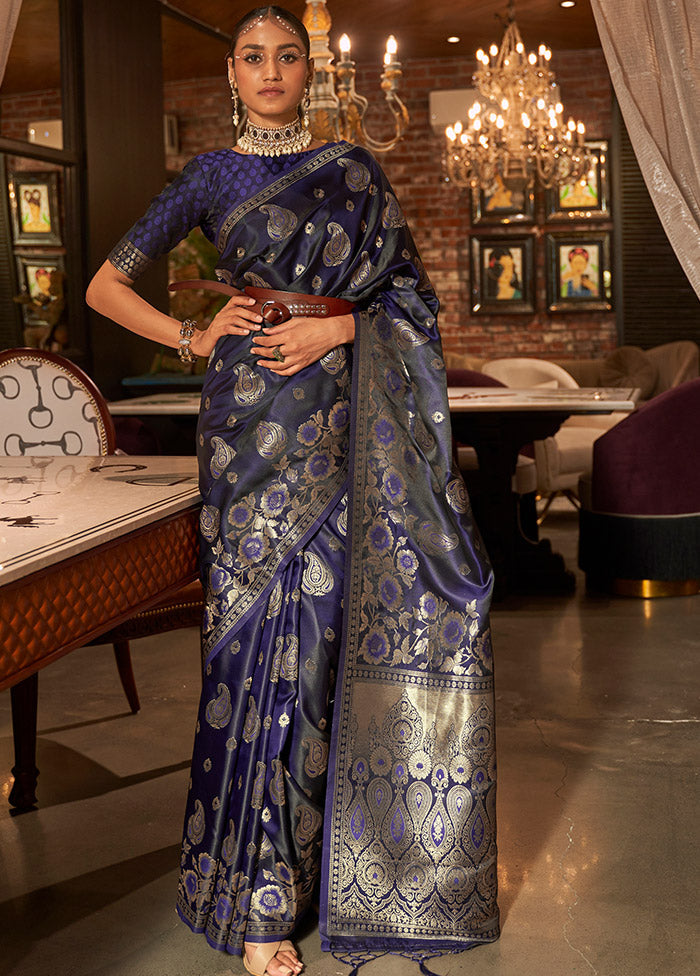 Blue Spun Silk Saree With Blouse Piece