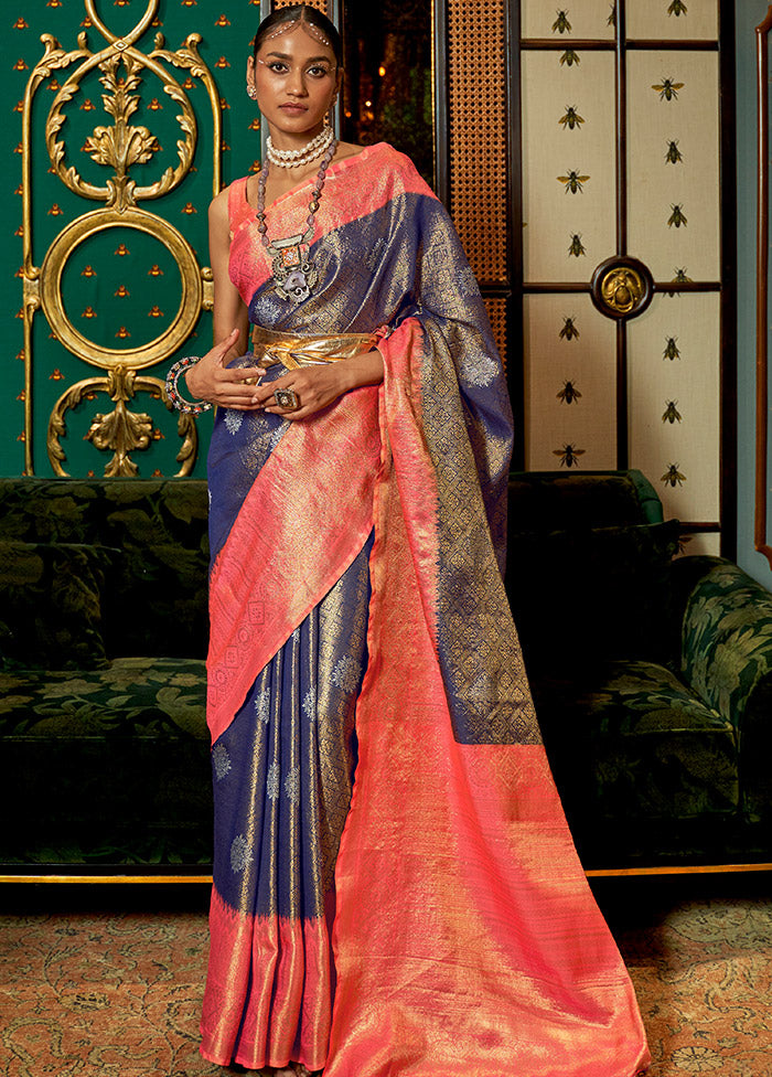 Blue Spun Silk Saree With Blouse Piece