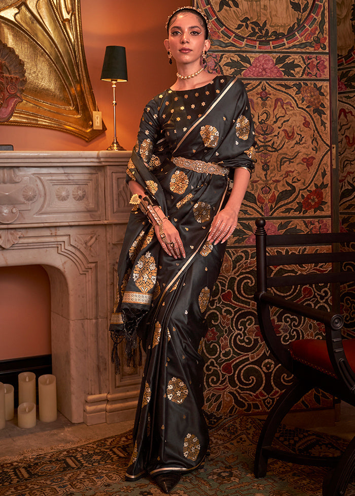 Black Spun Silk Saree With Blouse Piece