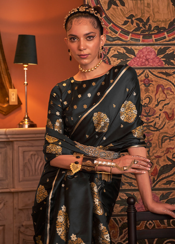 Black Spun Silk Saree With Blouse Piece