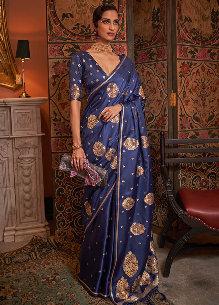 Blue Spun Silk Saree With Blouse Piece