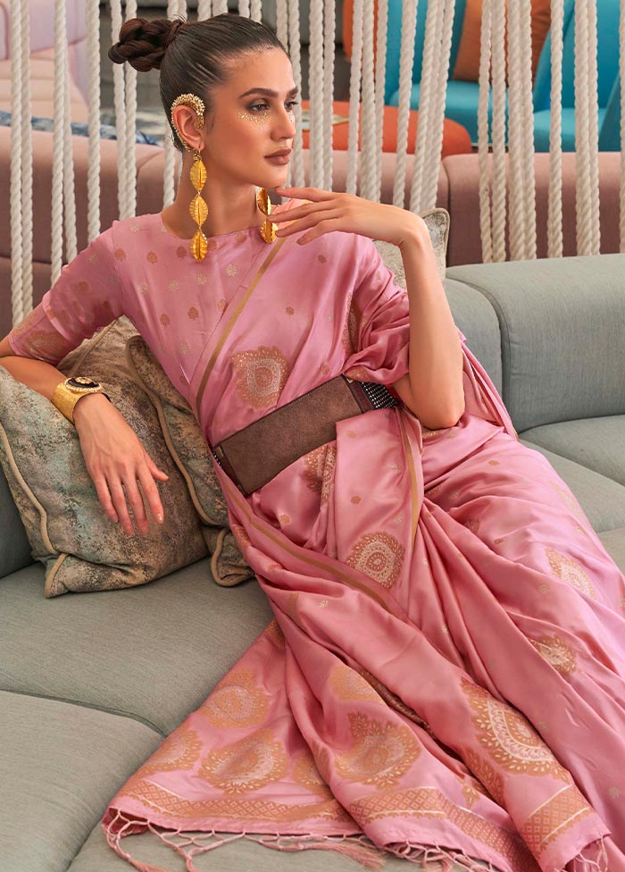 Pink Spun Silk Woven Work Saree With Blouse