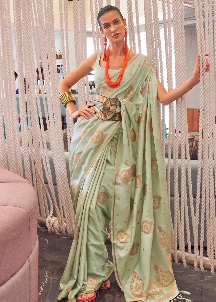 Pista Green Spun Silk Woven Work Saree With Blouse