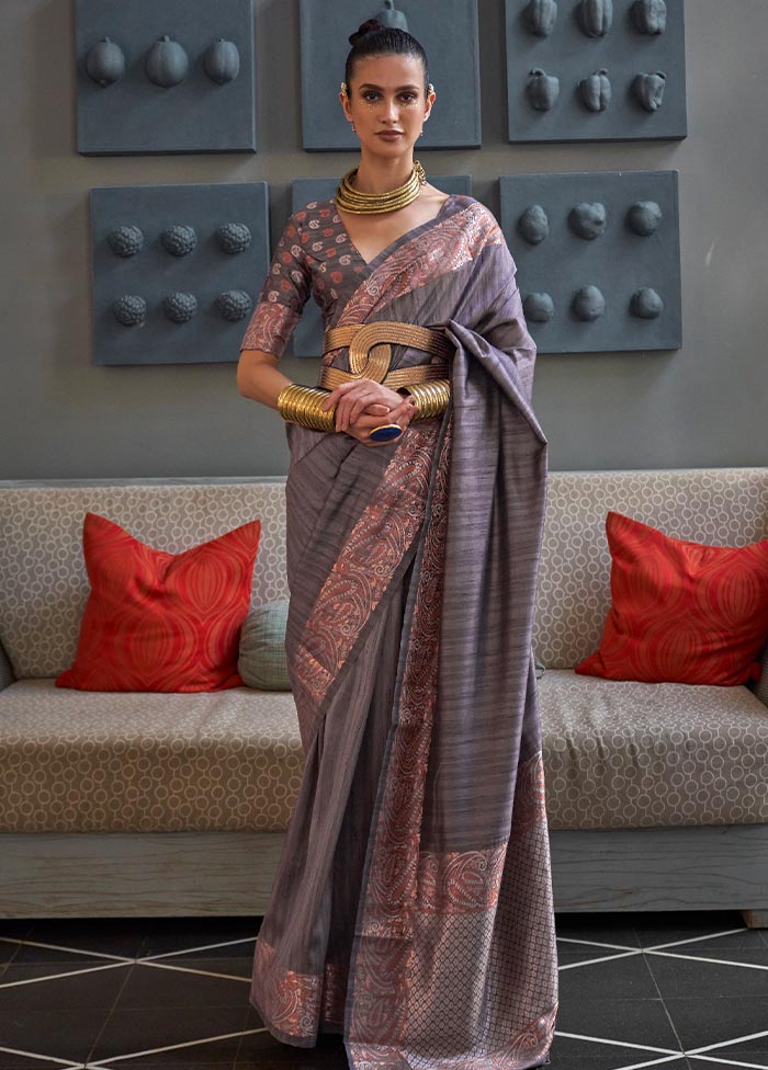 Grey Spun Silk Zari Woven Saree With Blouse