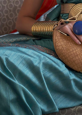 Teal Spun Silk Zari Woven Saree With Blouse